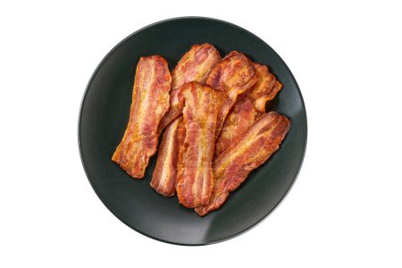 Photo for Black plate with cooked bacon rashers isolated on white background. black plate with fried bacon rashers isolated on white background. - Royalty Free Image
