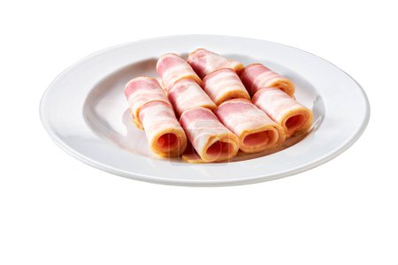 Photo for Smoked pork brisket rolls in a white plate isolated on white background. Rolled slices of ham in a white plate isolated on white background. - Royalty Free Image