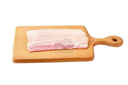 Photo for Smoked bacon rashers on a board isolated on white background. Streaky brisket slices on a board isolated on white background. - Royalty Free Image