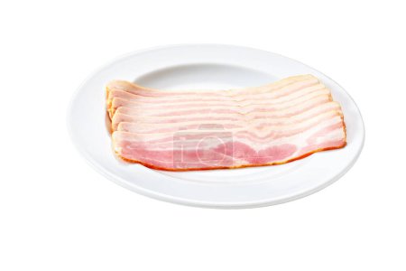 Photo for Slices of smoked bacon in a white plate isolated on white background. - Royalty Free Image