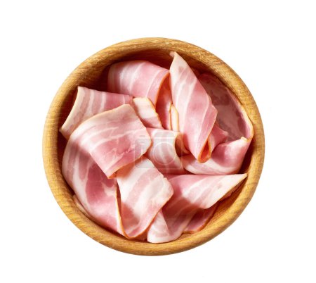 Photo for Slices of smoked bacon in a wooden bowl isolated on white background. - Royalty Free Image