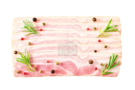 Photo for Smoked bacon strips with rosemary and spices isolated on white background, top view. - Royalty Free Image