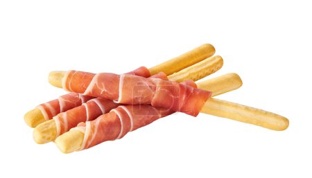 Photo for Italian grissini breadsticks with Parma ham prosciutto isolated on white background. - Royalty Free Image
