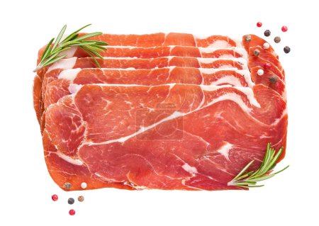 Photo for Thin parma ham prosciutto slices with rosemary and pepper  isolated on white background. - Royalty Free Image