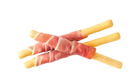 Photo for Italian grissini breadsticks with Parma ham prosciutto isolated on white background. - Royalty Free Image