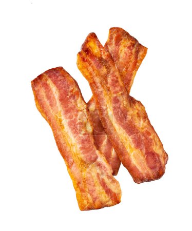 Cooked bacon strips isolated on white background. Cooked slices of bacon isolated on white background.