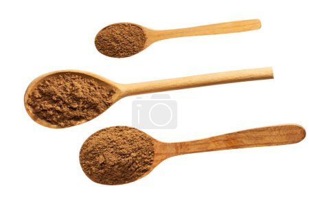 Photo for Cinnamon powder in a wooden spoon isolated on a white background, top view. - Royalty Free Image