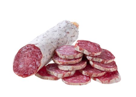Photo for Slices traditional Spanish salami fuet sausage or dry sausage covered fermented mold isolated on a white background. - Royalty Free Image