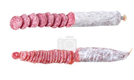 Photo for Slices traditional Spanish salami fuet sausage or dry sausage covered fermented mold isolated on a white background, top view. - Royalty Free Image