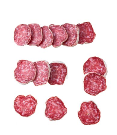 Photo for Slices of pork dry cured salami sausages isolated on a white background, top view. - Royalty Free Image