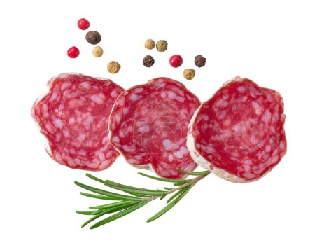 Photo for Slices Spanish Fuet sausage salami with rosemary and with colorful peppercorns isolated. - Royalty Free Image