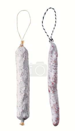 Photo for Spanish salami fuet sausage or dry sausage covered fermented mold isolated on a white background. - Royalty Free Image