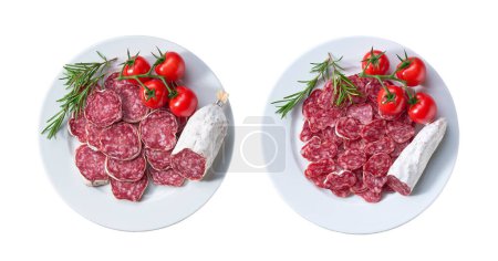 Photo for Traditional Spanish salami fuet sausage or dry sausage cut in slices on a white ceramic plate, isolated on a white background, top view. - Royalty Free Image