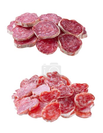 Photo for A pile of slices of pork dry cured salami sausages isolated on a white background. - Royalty Free Image