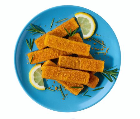Photo for Crispy breaded deep fried fish fingers with breadcrumbs on a blue plate isolated on white background. Top view. - Royalty Free Image