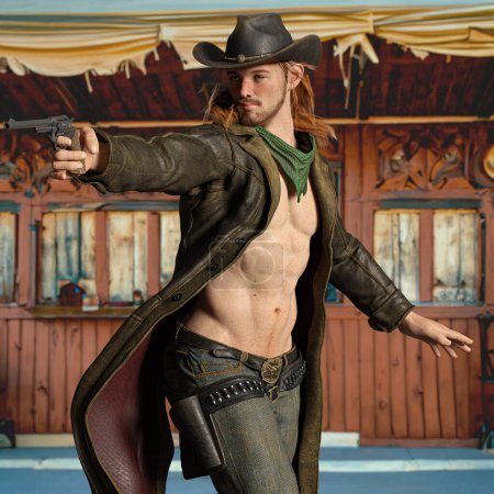 A sexy, shirtless gunfighter in the old west. He is a red-headed fast gun ready to take on the villains. Great for book covers.