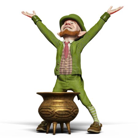 Foto de Duende irlandés todo vestido de verde y feliz. Con su barba roja y sus orejas puntiagudas está listo para celebrar el Día de San Pareick. O cualquier otra cosa que involucre ORO! - Imagen libre de derechos