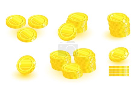 Téléchargez les illustrations : Round coin top view. Stacks of set of gold coins. Stack money. Falling coin. Vector flat illustration. Increasing profits and money. Wealth and economic growth symbol. design elements - en licence libre de droit