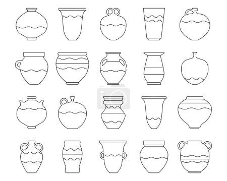 Illustration for Ancient vases and jugs set. Vector illustration ceramic pots with decor. Bowl line icons set. Boho style ceramic vases in minimalist style. Vector ceramic icons for logo, postcard, posters, posts and stories - Royalty Free Image