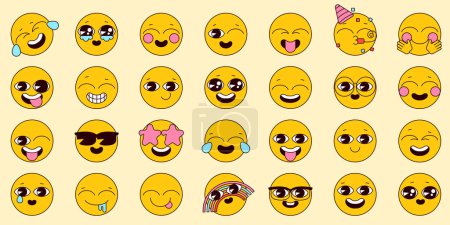 Illustration for Cartoon retro emoji set in linear style. Happy emoticons set. Vector pack. Collection emotion of happiness and fun. Vintage icons sticker label in 70s, 80s, 90s style. Editable path - Royalty Free Image