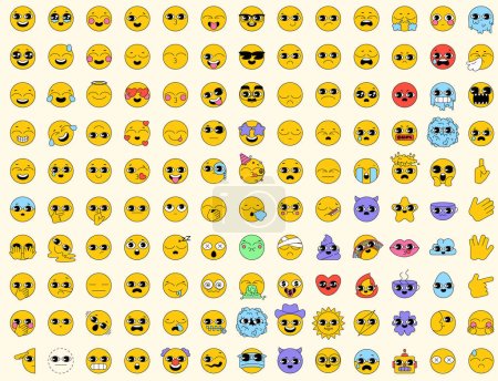 Große Sammlung von Emoticons mit 130 Symbolen. Vektor-Pack im Line-Art-Stil. Aufkleber mit Vintage-Ikonen im Stil der 70er, 80er, 90er Jahre. Sammlung glücklicher, lächelnder, lachender, freudiger, trauriger, wütender und weinender Gesichter
