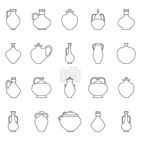 Illustration for Old vases and jugs set. Vector illustration ceramic pots in line art style. Bowl icons set. Boho style ceramic vases for template. Vector ceramic icons for logo, postcard, posters, posts and stories - Royalty Free Image