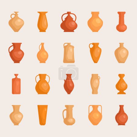 Pottery set. Vector collection with simple 3D effect. Image of sculptures vessels, bowls, pitchers, and vases. Retro and vintage ceramic jugs. Element for design