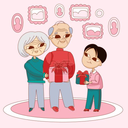 Illustration for Cartoon cute illustration with family. Grandson giving a gift to his grandparents. Happy grandparents and grandchildren. Gifts and family holidays. Vector illustration family traditions - Royalty Free Image