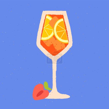 Orange drink with citrus fruit. Aperol Spritz in glass. Orange alcoholic soft liquid with strawberries. Vector flat illustration with texture. Cocktail in glass on a stem