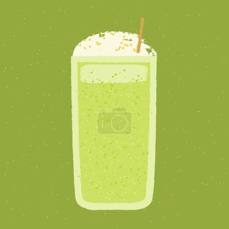 Green cocktail with cream. Smoothie in high glass. Fresh greens. Milkshake. Alcohol drink for bar. Cold soft liquid in tall glass. Non-alcoholic beverage. Flat vector illustration with texture
