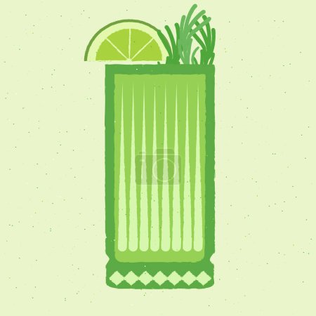Green cocktail with lime, tarragon. Gin tonic in high glass. Soda water. Alcohol drink for bar. Cold soft liquid in tall glass. Non-alcoholic beverage. Flat vector illustration with texture
