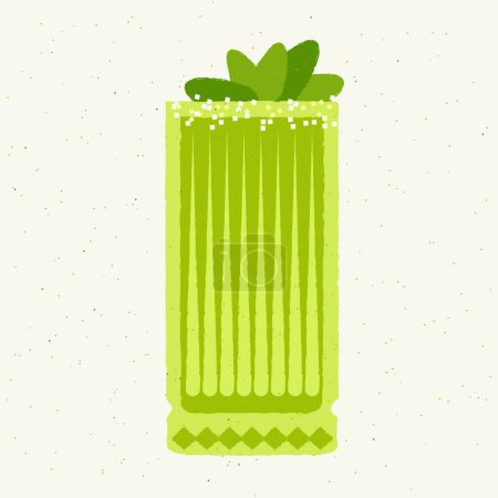 Green cocktail with green leaves, basil. Smoothie in high glass. Mixed mocktail. Alcohol drink for bar. Cold soft liquid in tall glass. Non-alcoholic beverage. Flat vector illustration with texture