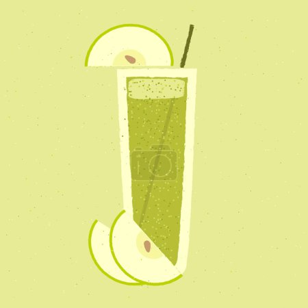 Green cocktail with apple. Fruit smoothie. Milk cocktail with apple. Alcohol drink for bar. Cold soft liquid in tall glass. High glass. Non-alcoholic beverage. Flat vector illustration with texture