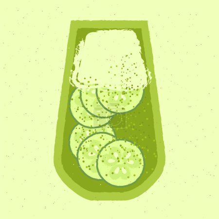 Green cocktail with whipped food, cucumber. Carbonated drink in high glass. Alcohol drink for bar. Cold soft liquid in tall glass. Non-alcoholic beverage. Flat vector illustration with texture
