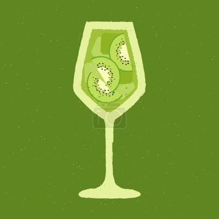 Illustration for Green cocktail with kiwi slice and ice cubes. Fruit mocktail. Alcohol drink for bar. Cold soft liquid in wine glass. Goblet glass. Non-alcoholic beverage. Flat vector illustration with texture - Royalty Free Image
