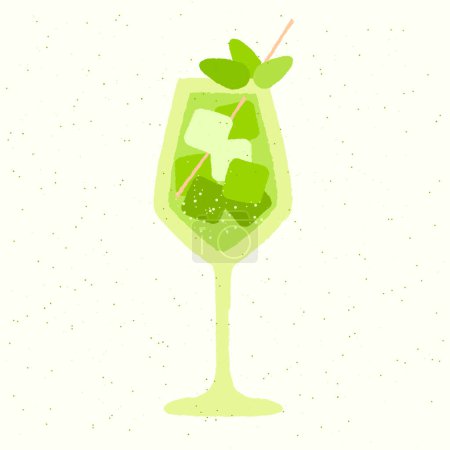 Illustration for Green cocktail with leaves and ice cubes. Fruit mocktail. Alcohol drink for bar. Cold soft liquid in wine glass. Goblet with gin tonic. Non-alcoholic beverage. Flat vector illustration with texture - Royalty Free Image
