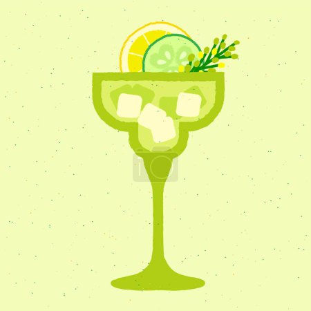 Green cocktail with lemon, cucumber. Margarita glass. Alcohol drink tequila for bar. Tonic drink. Stemware with gin tonic and soda. Non-alcoholic beverage. Flat vector illustration with texture