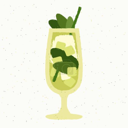 Green cocktail with leaves and ice cubes. Alcoholic drink with cream in glass. Alcohol drink for bar. Stemware with gin tonic and soda. Non-alcoholic beverage. Flat vector illustration with texture