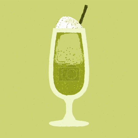 Green cocktail with cream. Milkshake. Cold soft liquid with milk in glass. Alcohol drink for bar. Stemware with smoothies. Non-alcoholic beverage. Flat vector illustration with texture