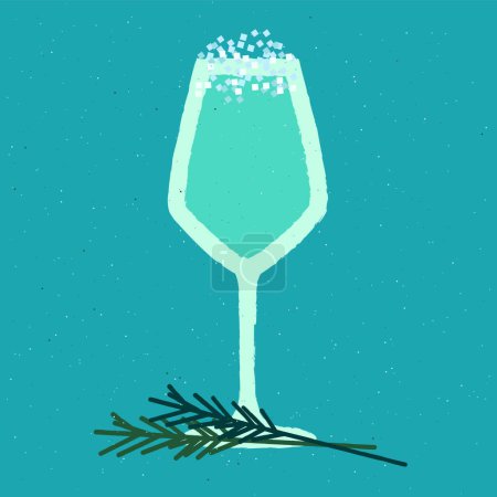 Blue cocktail with rosemary, ice. Refreshing mocktail. Blue Lagoon. Alcohol drink for bar. Cold soft liquid in wine glass. Goblet glass. Non-alcoholic beverage. Flat vector illustration with texture