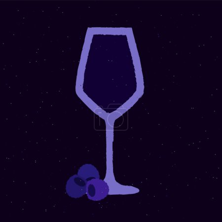 Dark purple cocktail with blackberries. Refreshing mocktail. Alcohol drink for bar. Cold soft liquid in wine glass. Stemware glass. Non-alcoholic beverage. Flat vector illustration with texture