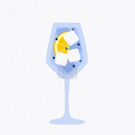 Cóctel azul con naranja, granos de pimienta y cubitos de hielo. Bebida picante. Bebida alcohólica para el bar. Líquido frío en copa de vino. Vidrio de vástago. Bebida no alcohólica. Ilustración vectorial plana con textura