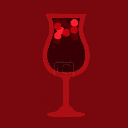 Dark red cocktail with berries. Mulled wine in stemware glass. Hot drink. Alcohol drink for bar. Cold liquid in wine glass. Non-alcoholic beverage. Flat vector illustration with texture