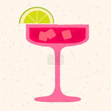 Pink cocktail with ice cubes and lime. Lemonade in margarita glass. Tequila with gin tonic. Alcohol drink for bar. Non-alcoholic beverage. Flat vector illustration with texture