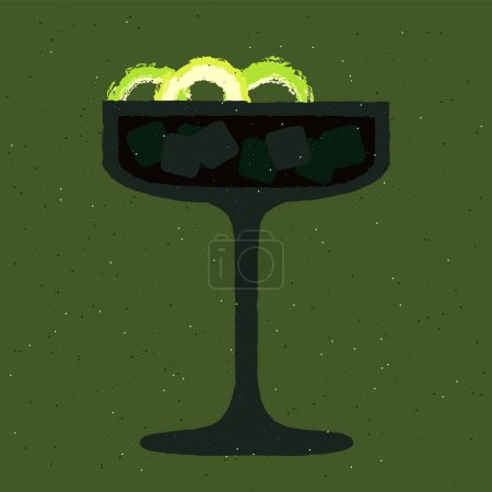 Cocktail noir avec citron vert et zeste. Cocktail sombre avec glaçons en verre de margarita. Tequila aux agrumes. Boisson alcoolisée pour bar. Boissons non alcoolisées. Illustration vectorielle plate avec texture