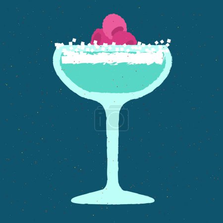 Blue cocktail with raspberries and cream. Refreshing mocktail. Milkshake. Alcohol drink for bar. Cold soft liquid in margarita glass. Non-alcoholic beverage. Flat vector illustration with texture
