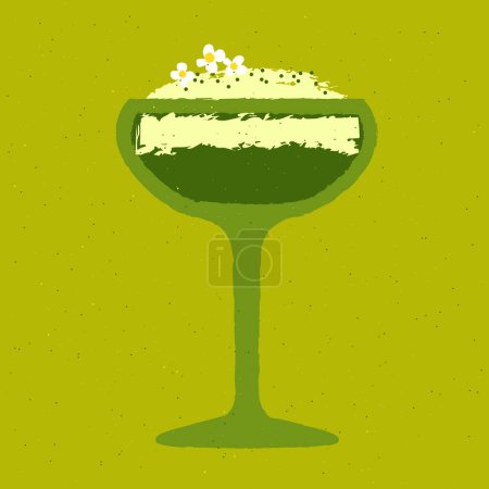 Green cocktail with chamomile. Creamy smoothie with flowers. Milkshake. Green mocktail in margarita glass. Alcohol drink for bar. Non-alcoholic beverage. Flat vector illustration with texture