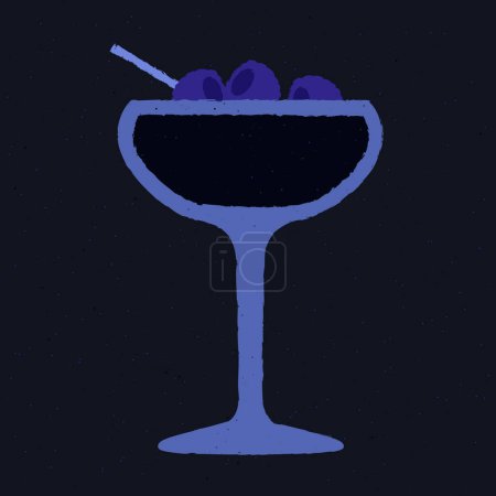 Dark purple cocktail with blackberries. Refreshing mocktail. Alcohol drink for bar. Cold soft liquid in margarita glass. Stemware glass. Non-alcoholic beverage. Flat vector illustration with texture