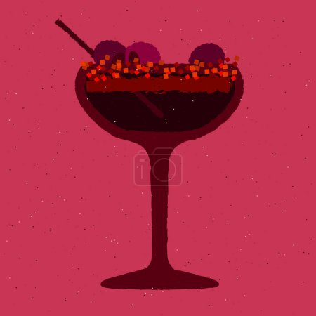 Dark red cocktail with raspberries, blackberries. Mulled wine in stemware glass. Alcohol drink for bar. Grape juice in margarita glass. Non-alcoholic beverage. Flat vector illustration with texture