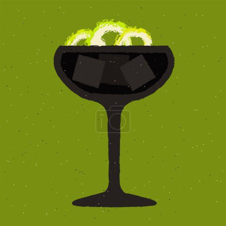 Black cocktail with lime and zest. Dark cocktail with ice cubes in margarita glass. Tequila with citrus. Alcohol drink for bar. Non-alcoholic beverage. Flat vector illustration with texture